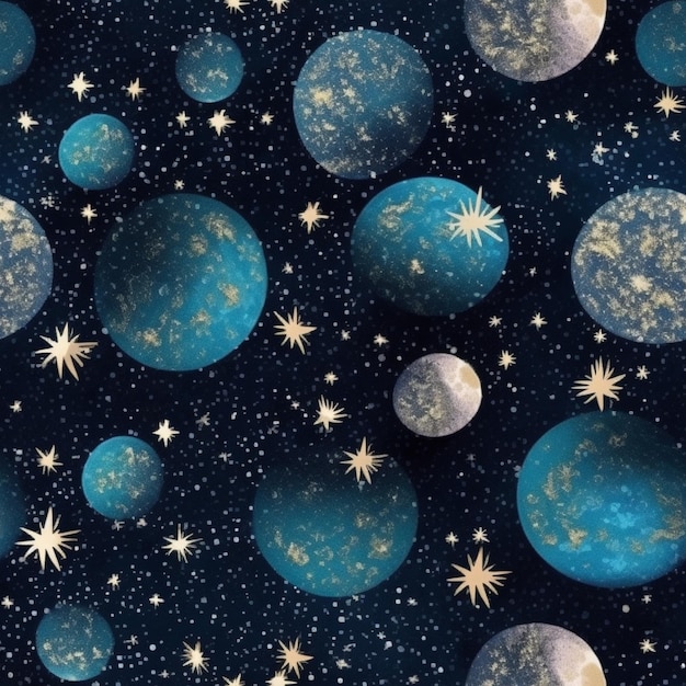 A close up of a blue and gold background with stars and planets generative ai