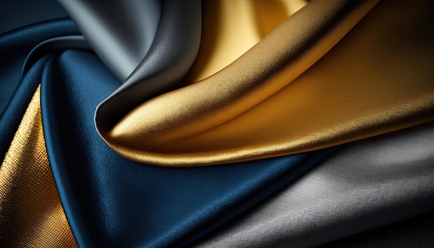 A close up of a blue and gold fabric with a white background.