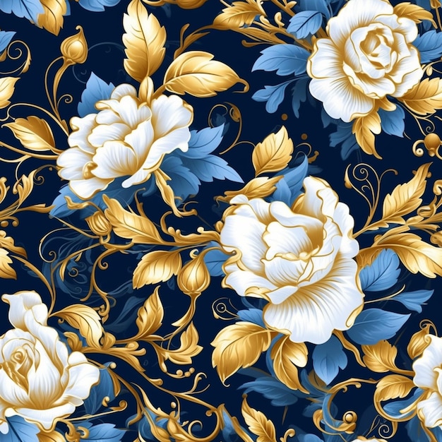 a close up of a blue and gold floral background generative ai