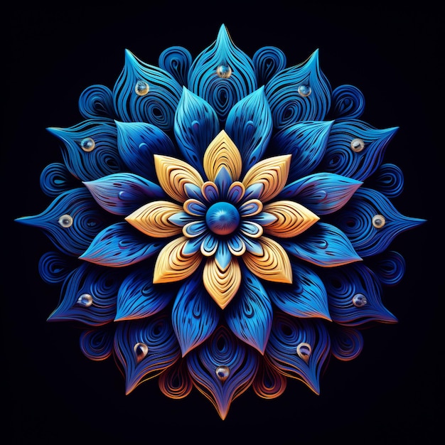 a close up of a blue and gold flower on a black background generative ai