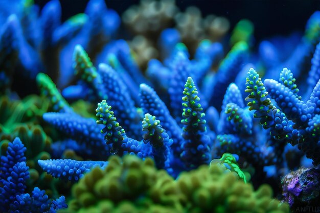 Photo a close up of a blue and green coral with the green and blue color of the seaweed