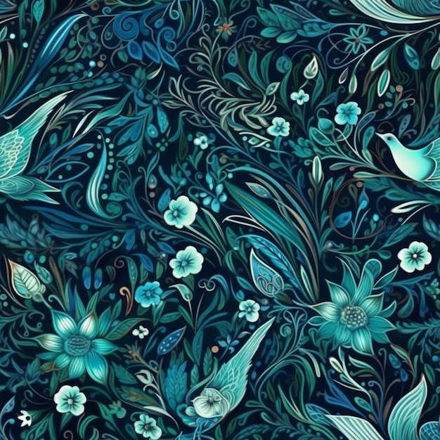 A close up of a blue and green floral pattern with birds generative ai