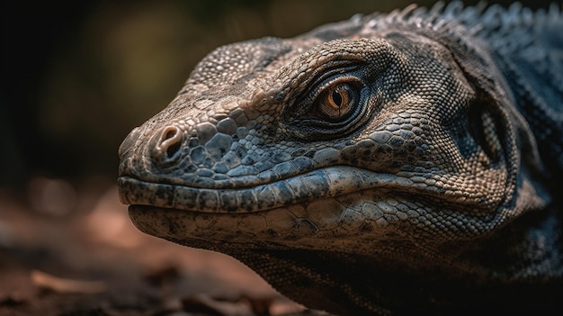 A close up of a blue iguana head