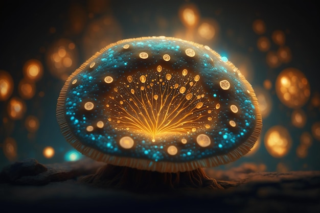 A close up of a blue mushroom with the light shining through it.