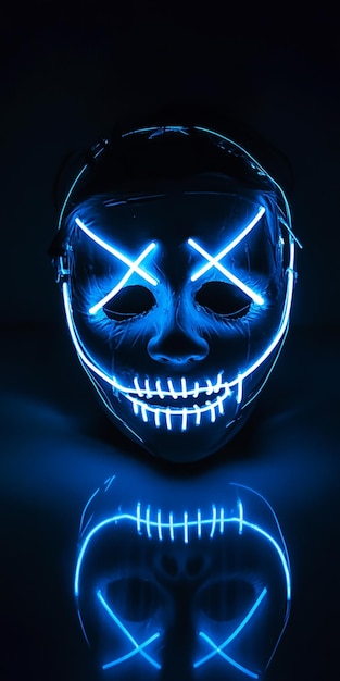 Photo a close up of a blue neon mask with a skull face generative ai