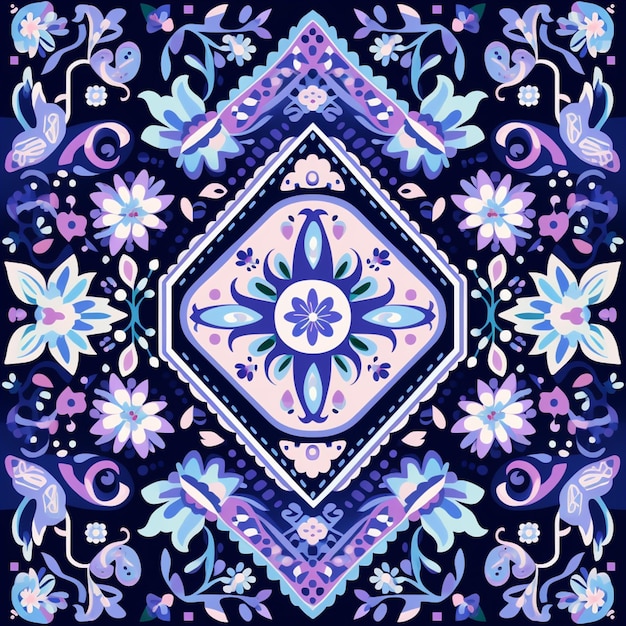 a close up of a blue and purple floral design on a black background generative ai