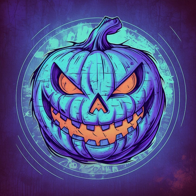 A close up of a blue and purple halloween pumpkin with a glowing face generative ai