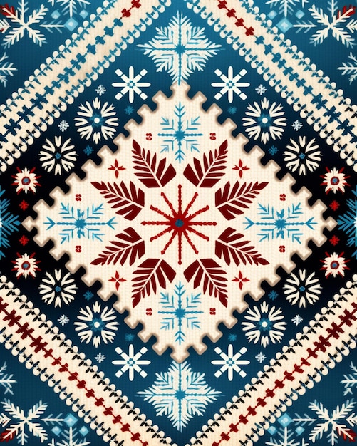 a close up of a blue and red pattern with snowflakes generative ai