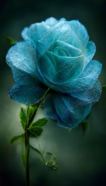 Close up of blue rose flower with water droplets on it generative ai