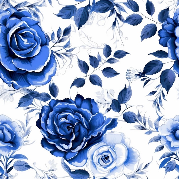 a close up of a blue rose pattern on a white background generative ai