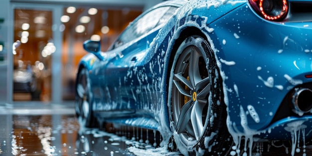 close up of blue sports car being washed shiny car