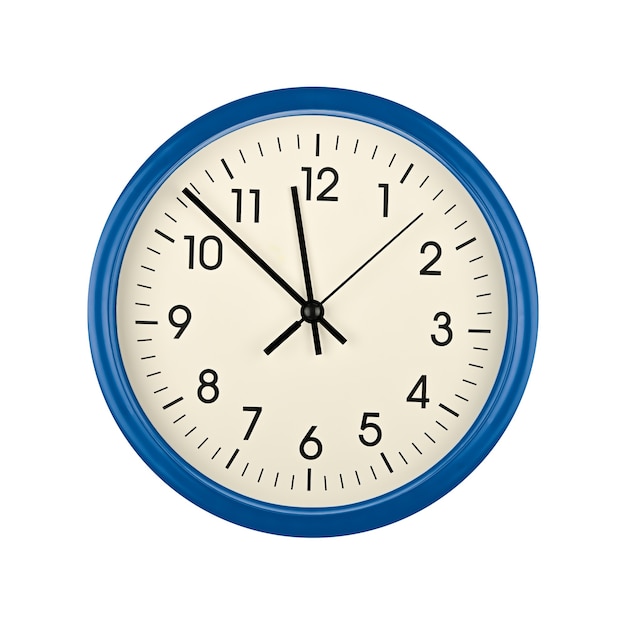 Close up blue wall clock face dial with Arabic numerals, hour, minute and second hands isolated on white background