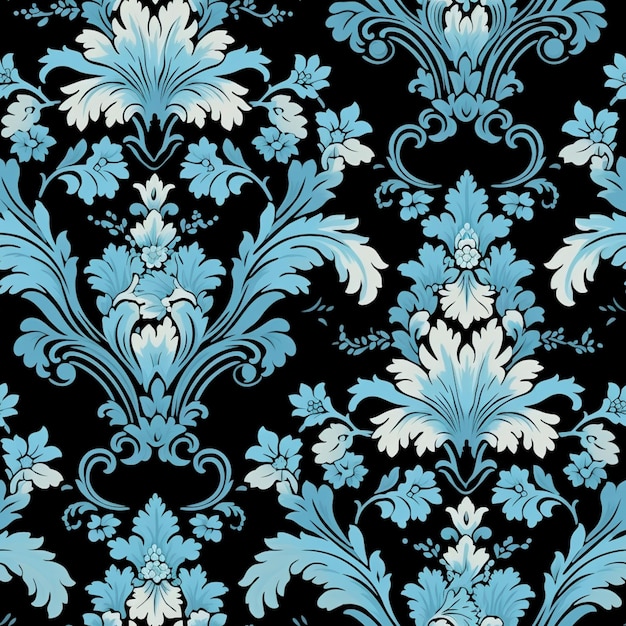 a close up of a blue and white floral pattern on a black background generative ai