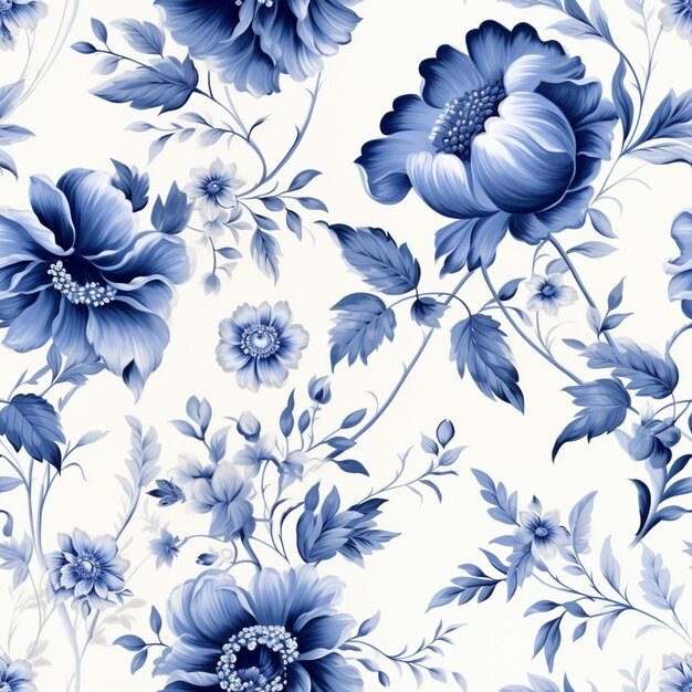 A close up of a blue and white floral pattern on a white background generative ai