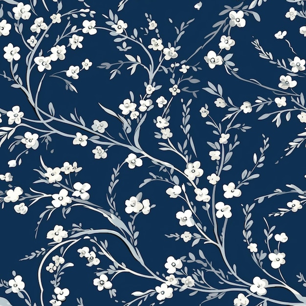 a close up of a blue and white floral pattern with leaves generative ai