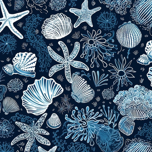 A close up of a blue and white pattern of shells and starfishs generative ai