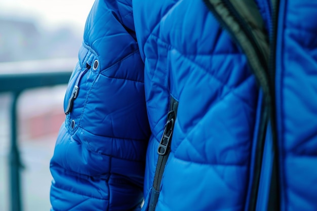 Photo close up on a blue winter jacket cold morning puffed jacket close up