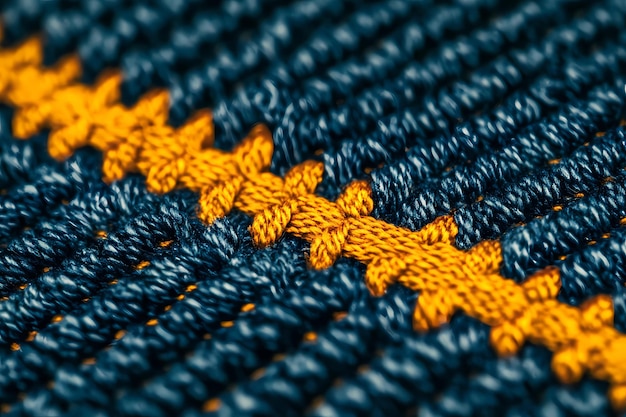 Photo a close up of a blue woven piece of fabric with orange stitching