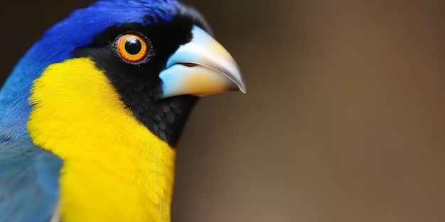 A close up of a blue and yellow bird with a yellow beak