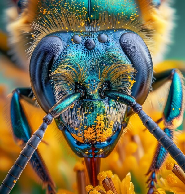 Close up of a blue and yellow bug