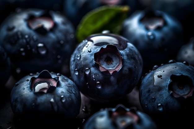 A close up of blueberries with a green leaf on the top.