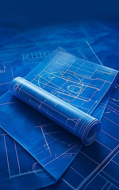 A close up of a blueprint with a rolled up sheet of paper