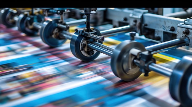 Photo close up of a blurred printing machine in production