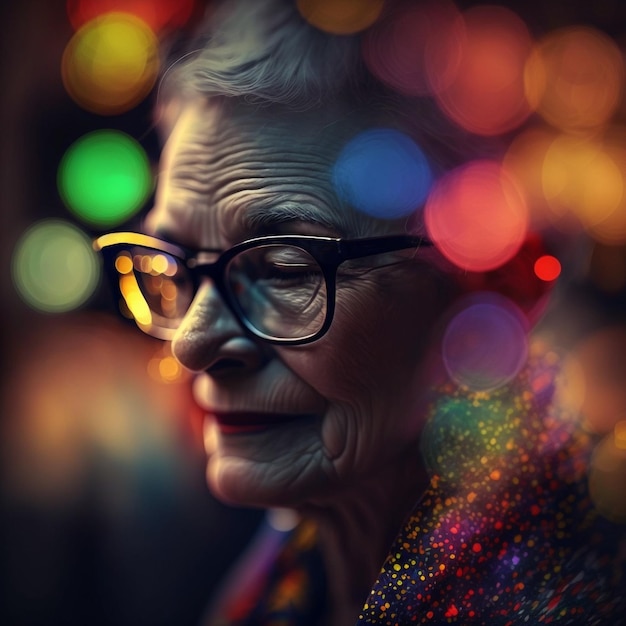 Close up bokeh portrait of senior old woman posing serious