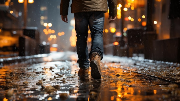 Close up boot Man walking in night