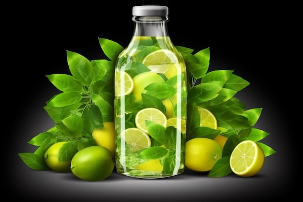 a close up of a bottle of lemonade with lemons and leaves generative ai