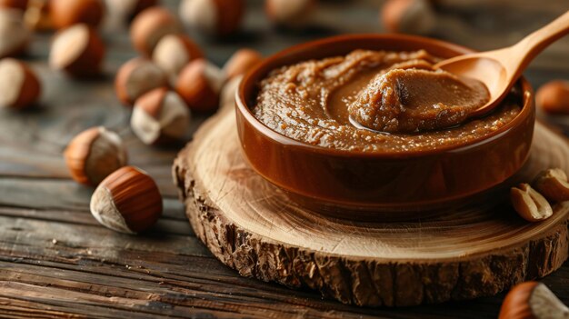 a close up of a bowl of chocolate with nuts on the table