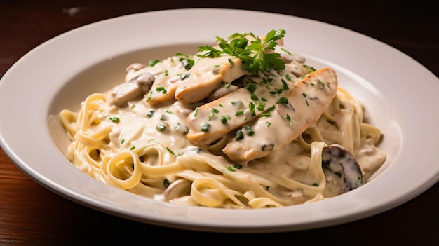 Close up of a bowl of fettuccine pasta with chicken