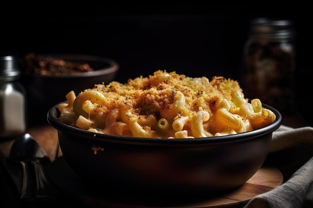 Close up of bowl filled with mac and chili cream