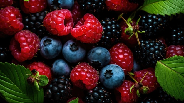 A close up of a bowl of fruit including blackberries, raspberries, and blueberries.