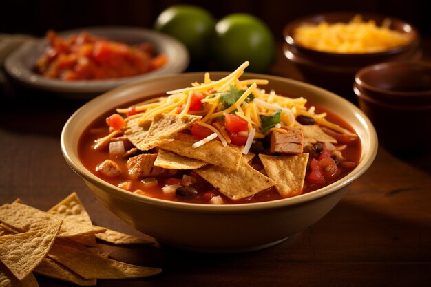 A close up of a bowl of hearty Mexican tortilla soup