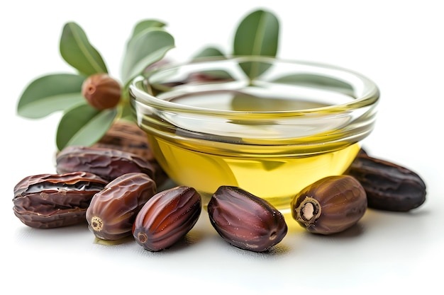 A close up of a bowl of oil with nuts and leaves