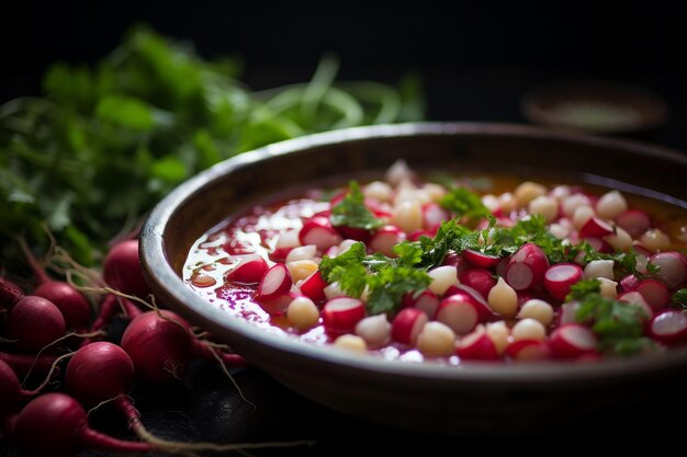 Close up of a bowl of traditional Mexican pozole rojo garnished with radishes and lime