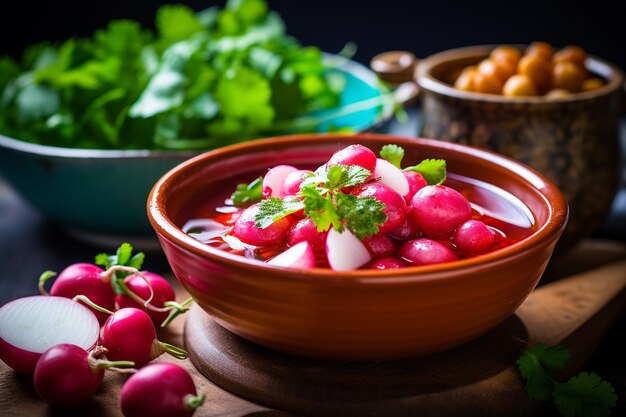 Close up of a bowl of traditional Mexican pozole rojo garnished with radishes and lime