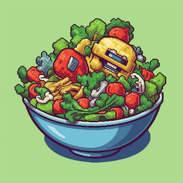 a close up of a bowl of vegetables with a robot on top generative ai