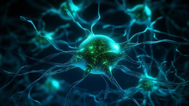 A close up of a brain with green lights and the words neuron on the leftgenerative ai