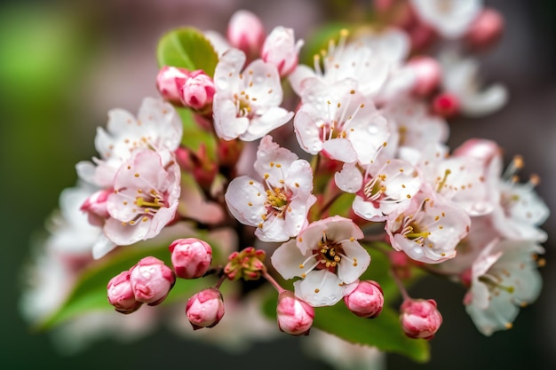 A close up of a branch of cherry blossoms with pink flowers.