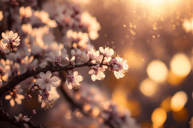 A close up of a branch of cherry blossoms with the sun shining on it