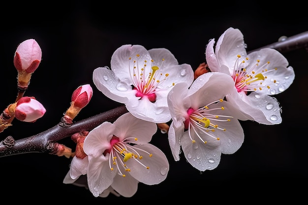 A close up of a branch of cherry blossoms with the word cherry on it