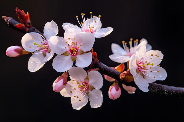 A close up of a branch of cherry blossoms