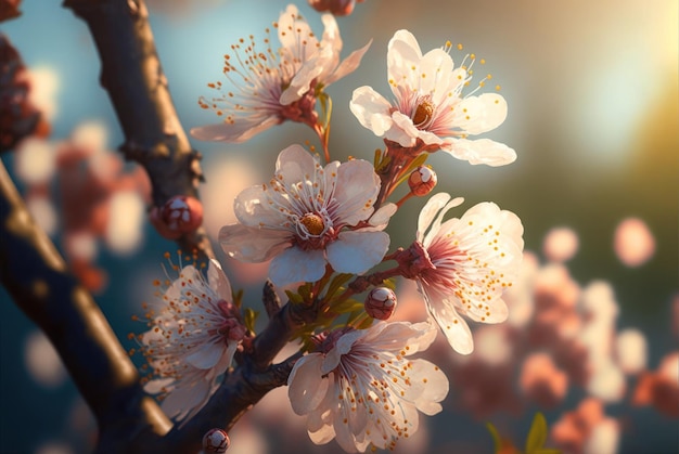 A close up of a branch of peach blossoms