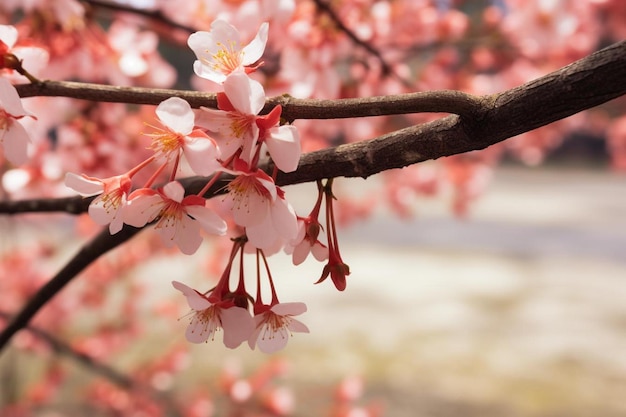 a close up of a branch of a tree with pink flowers