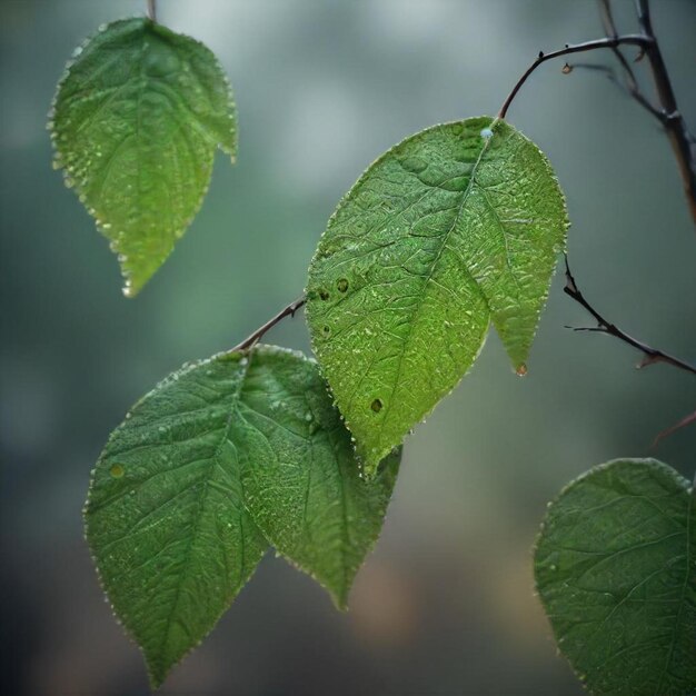 a close up of a branch with green leaves and a blurry background