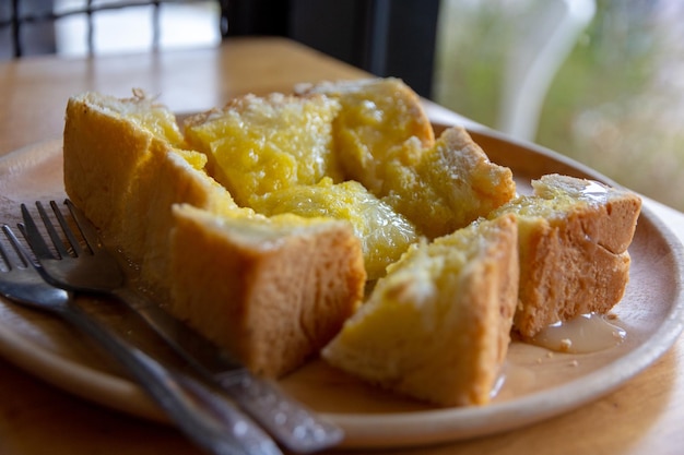 Close-up of breakfast in plate on table