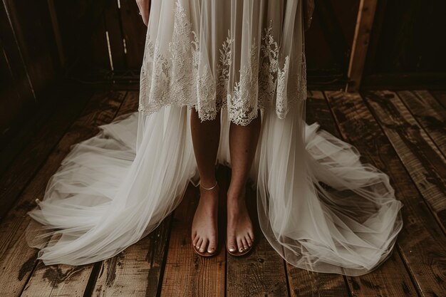 Photo close up of a brides dress in a rustic setting symbolizing elegance beauty and tradition in a timel