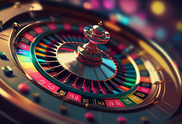 Close up of bright multicolored casino roulette table with poker chips AI